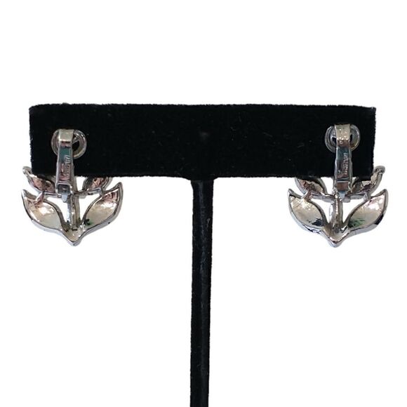 Crown Trifari Earrings Vintage Rhinestones Leaf Floral Silver Tone Clip On MCM. - Picture 7 of 16